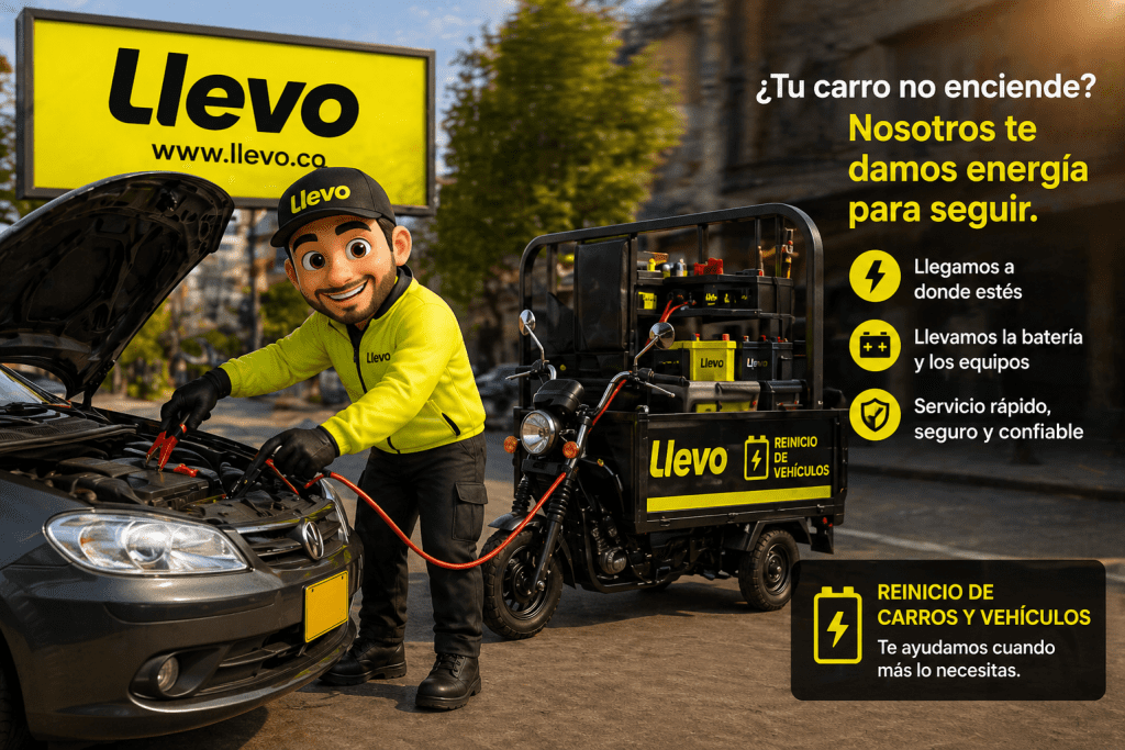 Servicio de reinicio de batería para carros en Girón Santander, técnico de Llevo conectando cables desde motocarro con baterías a vehículo varado