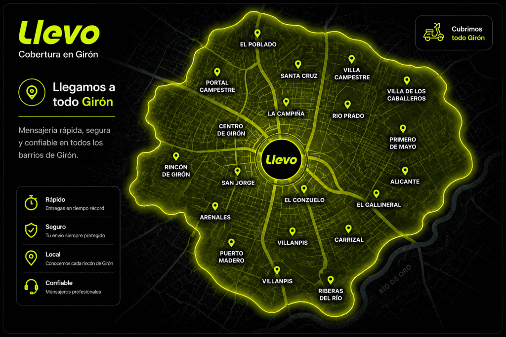Mapa de Girón Santander con sus barrios y zonas de cobertura de mensajería y domicilios de Llevo.