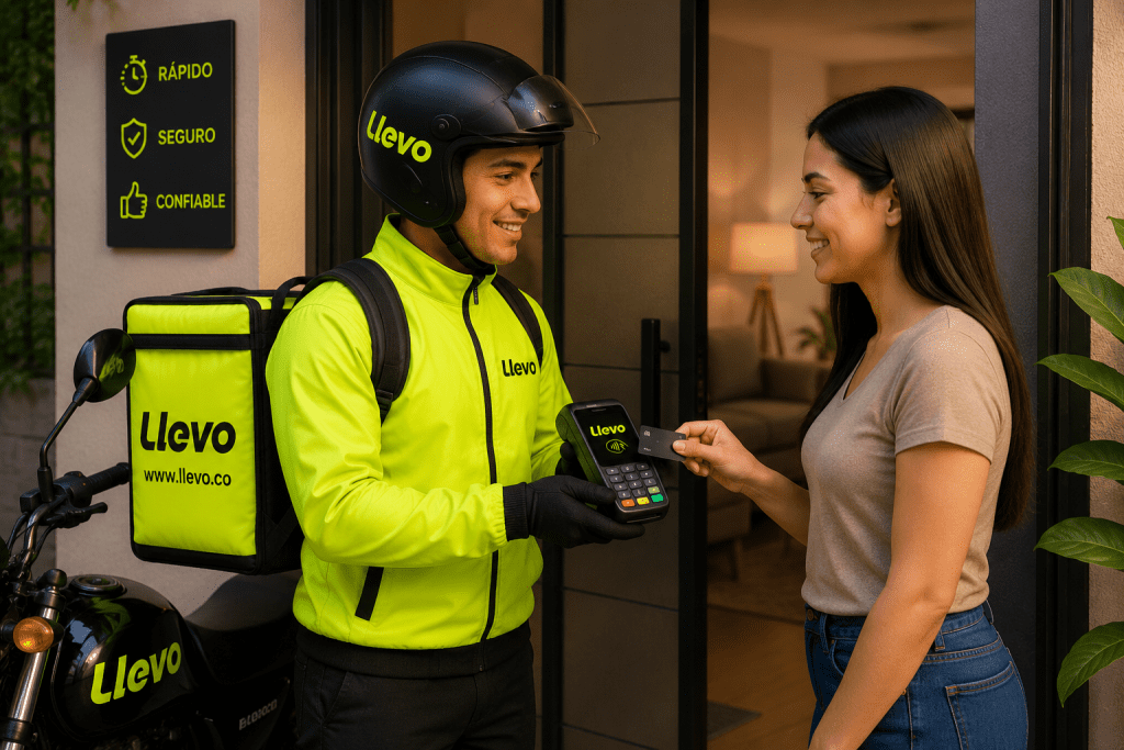 Servicio de mensajería en moto en Girón Santander con mensajero de Llevo realizando cobro a domicilio a una clienta.